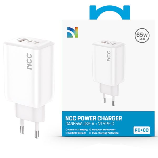 NCC Power Adapter A+C+C USB-A & Dual Type-C Charger GS-65W-EU Weiß